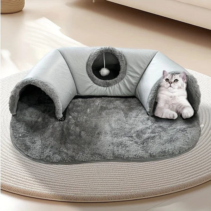Cama de túnel aconchegante para gatos 3 em 1, tapete de brincar, ninho quente com fundo antiderrapante, para gatos pequenos e médios