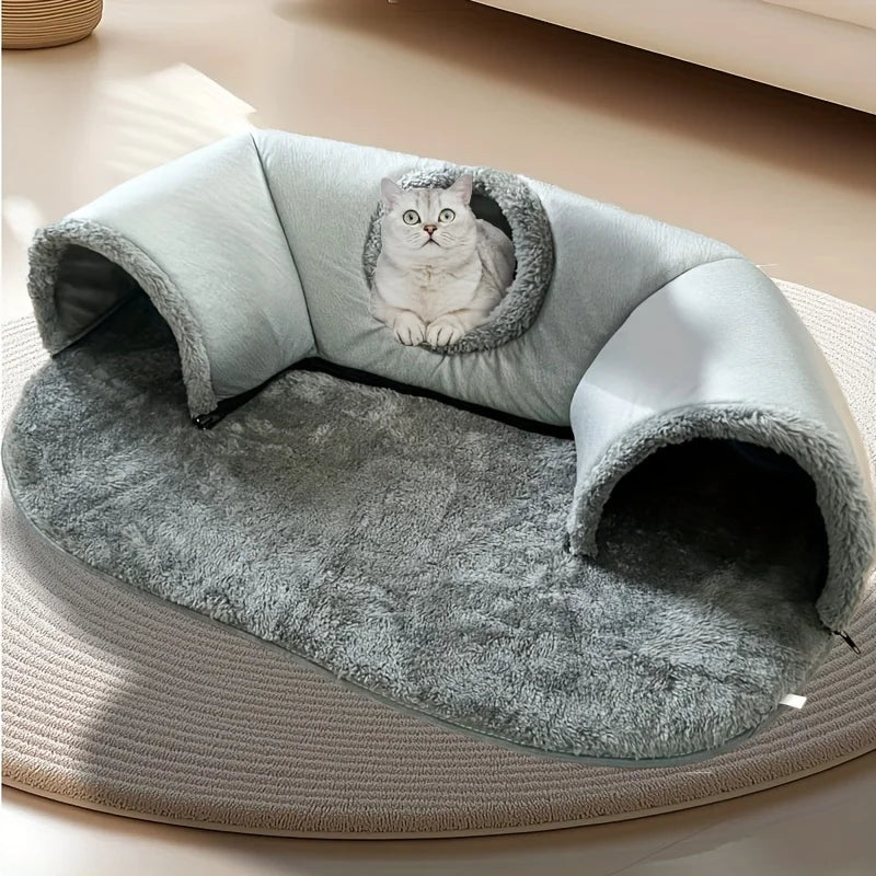 Cama de túnel aconchegante para gatos 3 em 1, tapete de brincar, ninho quente com fundo antiderrapante, para gatos pequenos e médios