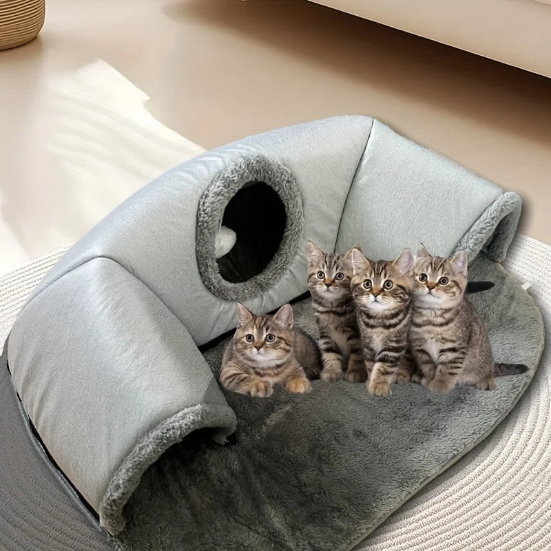 Cama de túnel aconchegante para gatos 3 em 1, tapete de brincar, ninho quente com fundo antiderrapante, para gatos pequenos e médios