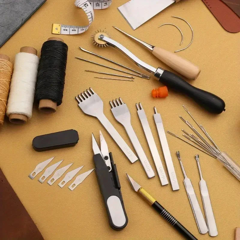 kit 29 peças - Conjunto completo de ferramentas para couro com furador, tesoura, ranhuras, roda de rastreamento, linha encerada, agulhas, faca de escultura e ferramenta de perfuração