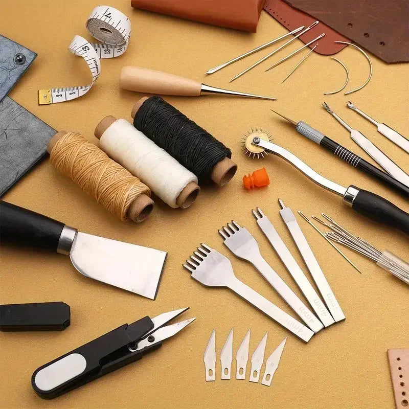 kit 29 peças - Conjunto completo de ferramentas para couro com furador, tesoura, ranhuras, roda de rastreamento, linha encerada, agulhas, faca de escultura e ferramenta de perfuração