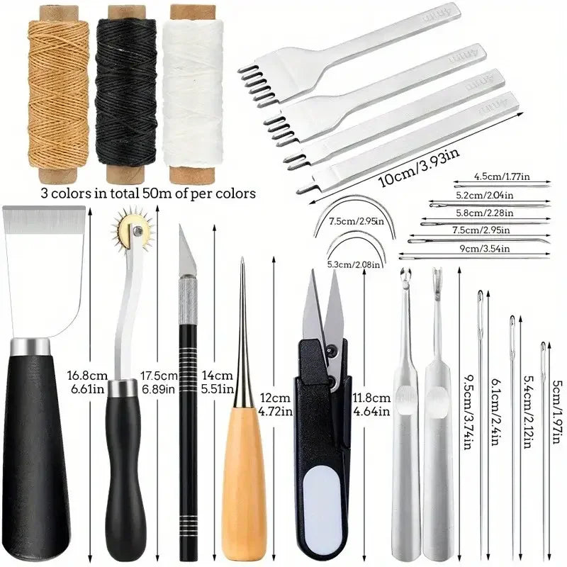 kit 29 peças - Conjunto completo de ferramentas para couro com furador, tesoura, ranhuras, roda de rastreamento, linha encerada, agulhas, faca de escultura e ferramenta de perfuração