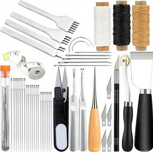 kit 29 peças - Conjunto completo de ferramentas para couro com furador, tesoura, ranhuras, roda de rastreamento, linha encerada, agulhas, faca de escultura e ferramenta de perfuração