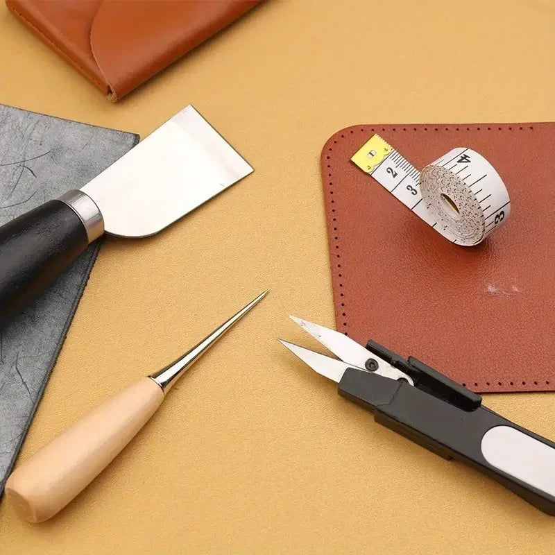 kit 29 peças - Conjunto completo de ferramentas para couro com furador, tesoura, ranhuras, roda de rastreamento, linha encerada, agulhas, faca de escultura e ferramenta de perfuração