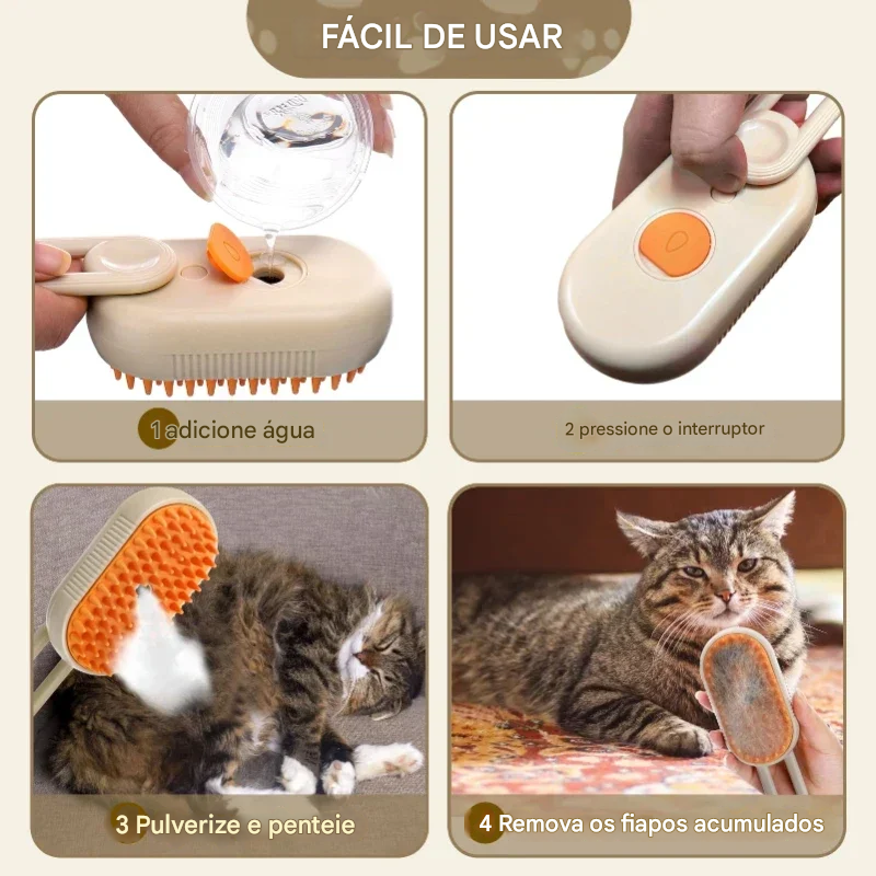 Escova a vapor para gatos e cães, escova de gato, pente dobrável, removedor de cabelo pet, limpeza vaporizada, massagem pente, grooming suprimentos, 3in 1